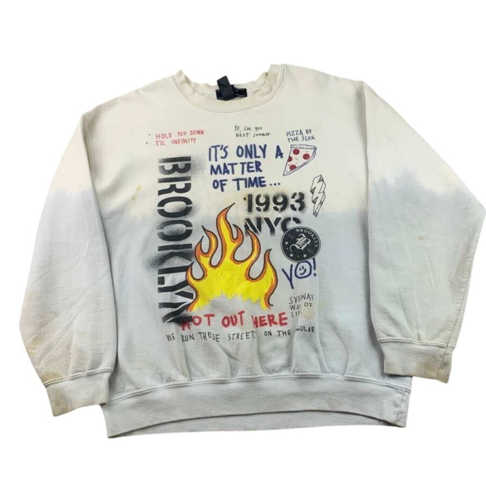 Forever 21 Men M Graphic Sweatshirt Brooklyn NYC 1993 Flames Pizza Lightning